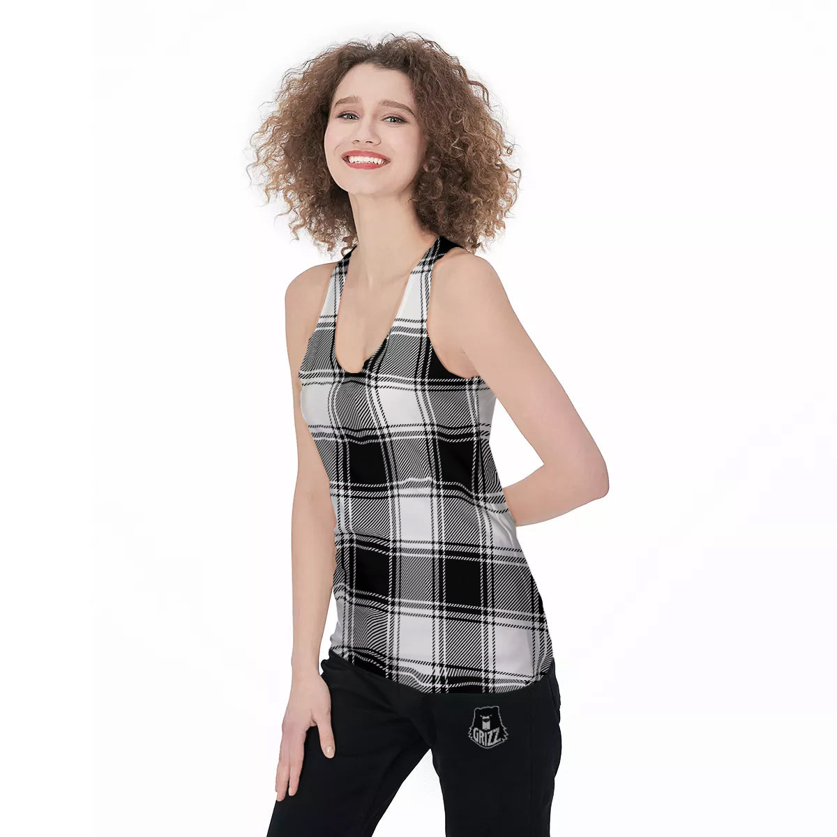 Border Tartan White And Black Print Pattern Women's Racerback Tank Top-grizzshop