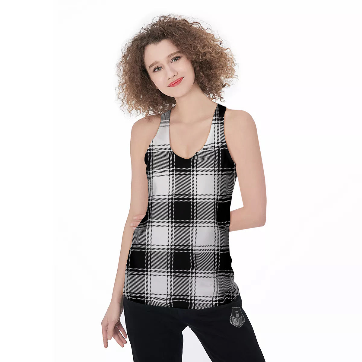 Border Tartan White And Black Print Pattern Women's Racerback Tank Top-grizzshop