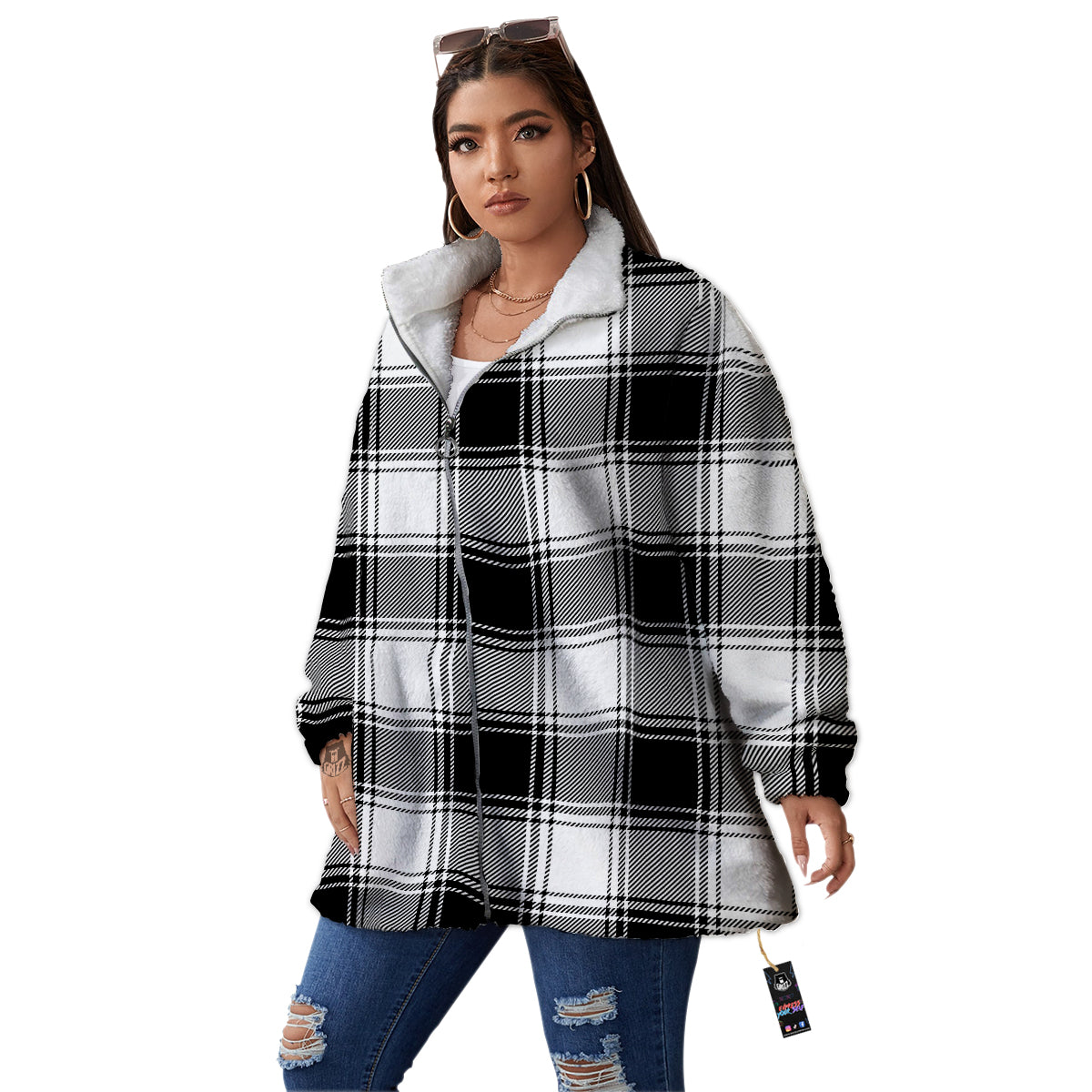 Border Tartan White And Black Print Pattern Women's Sherpa Jacket-grizzshop