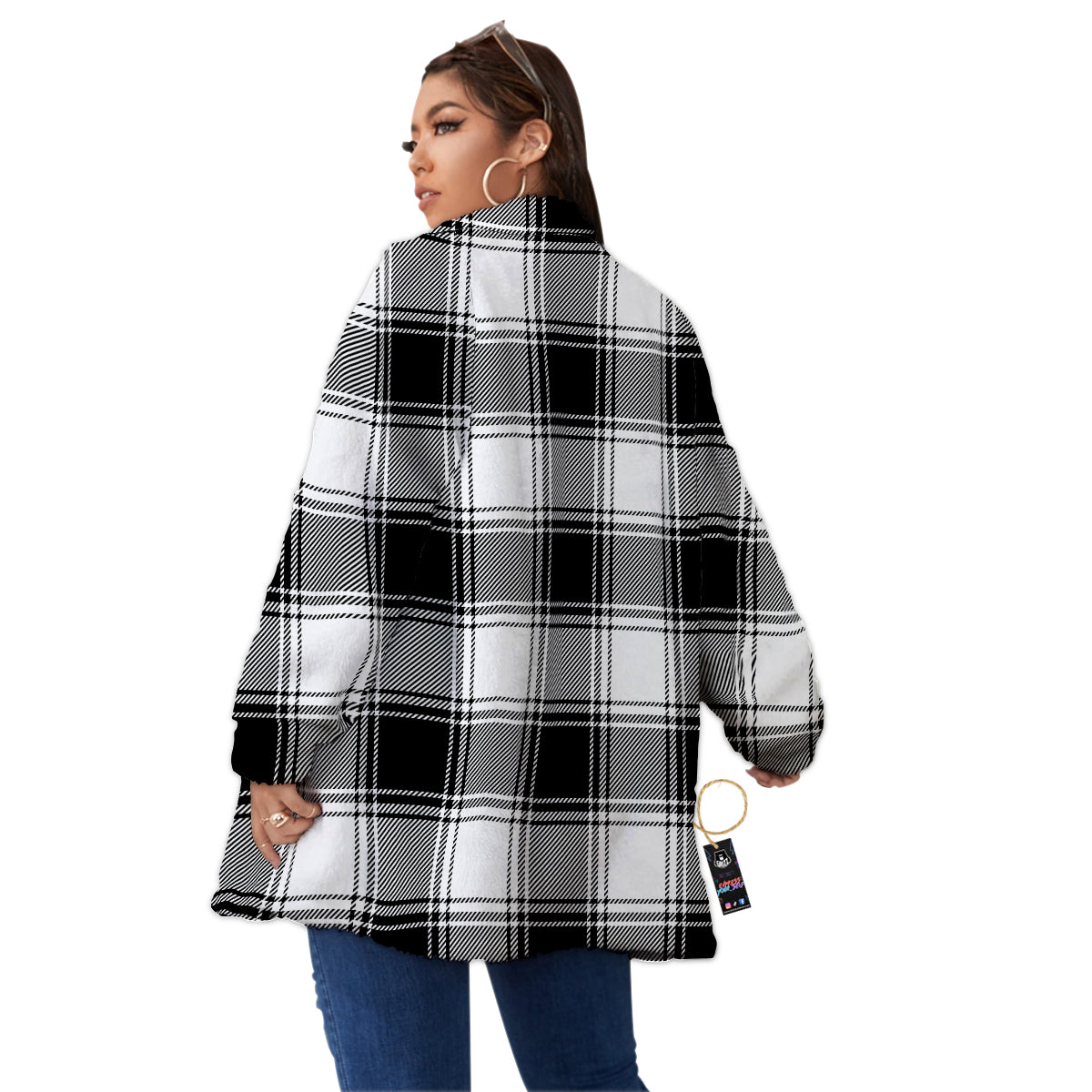 Border Tartan White And Black Print Pattern Women's Sherpa Jacket-grizzshop