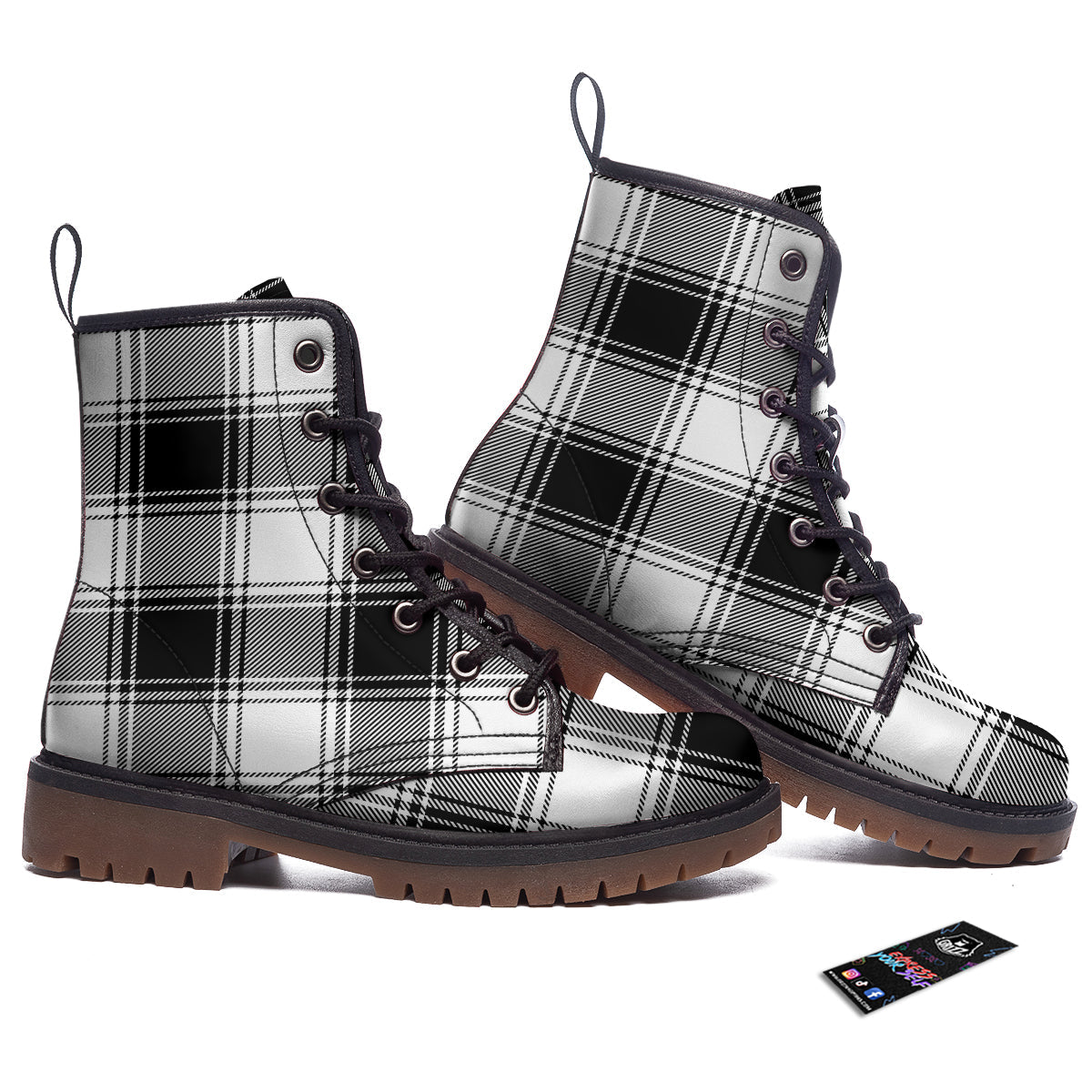 Border Tartan White And Black Print Pattern Work Boots-grizzshop
