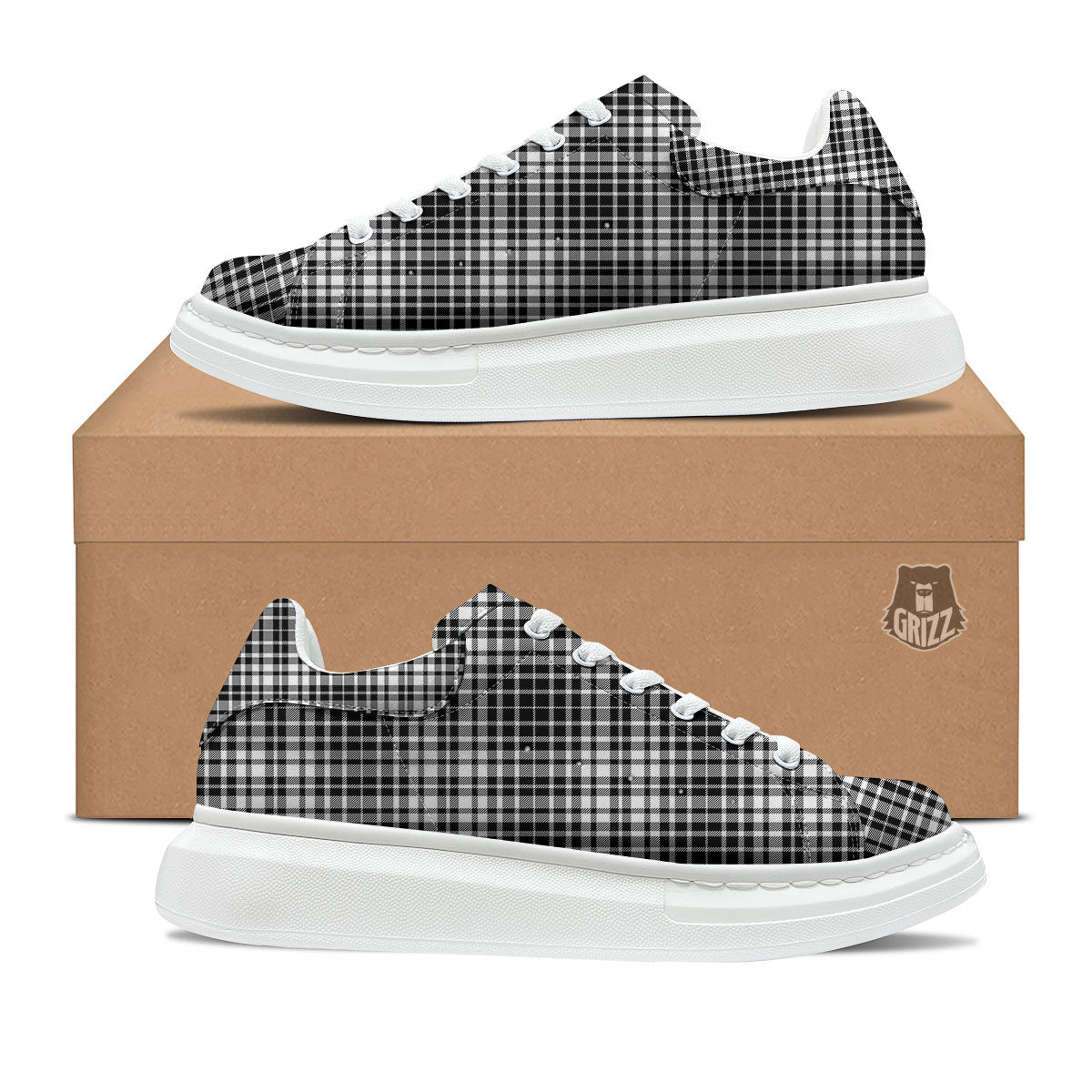 Border Tartan White And Black Print Platform Shoes-grizzshop