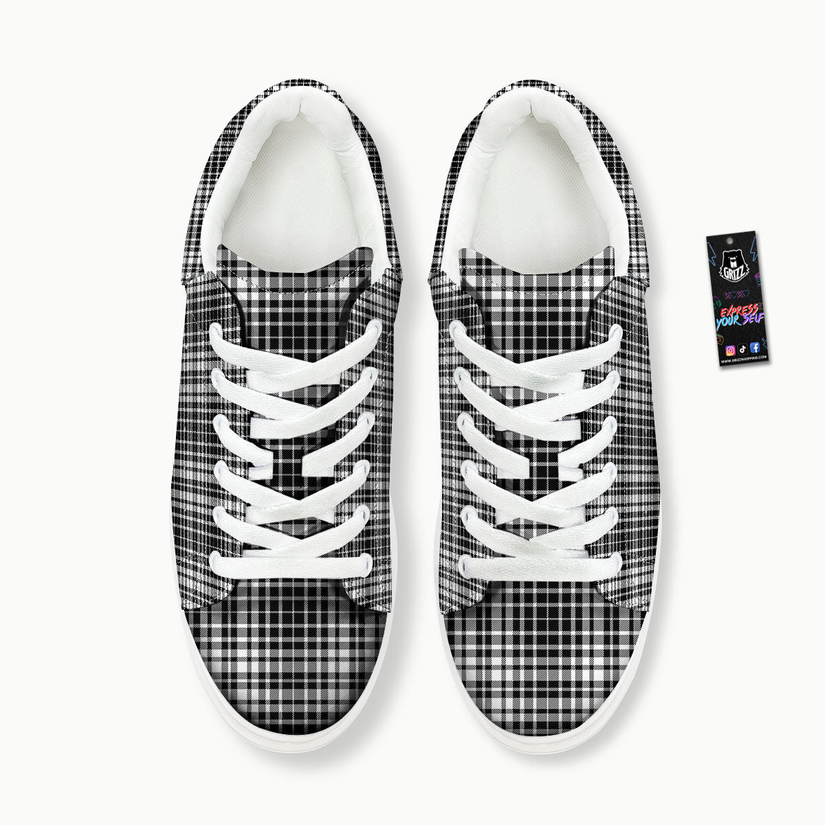 Border Tartan White And Black Print Platform Shoes-grizzshop