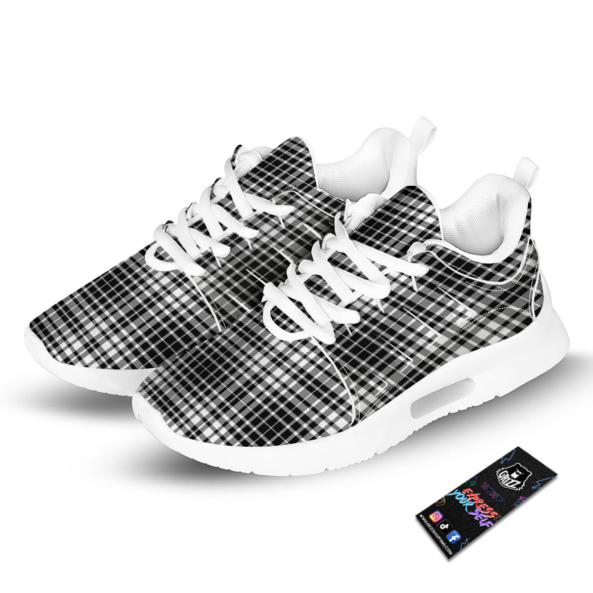 Border Tartan White And Black Print Tennis Shoes-grizzshop