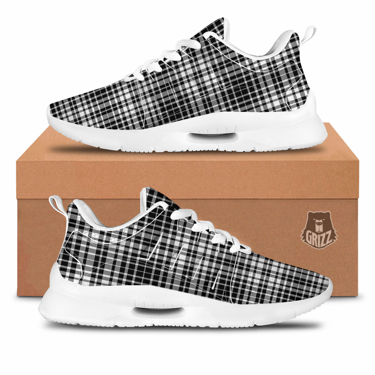 Border Tartan White And Black Print Tennis Shoes-grizzshop