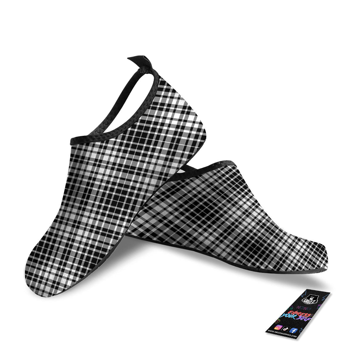Border Tartan White And Black Print Water Shoes-grizzshop