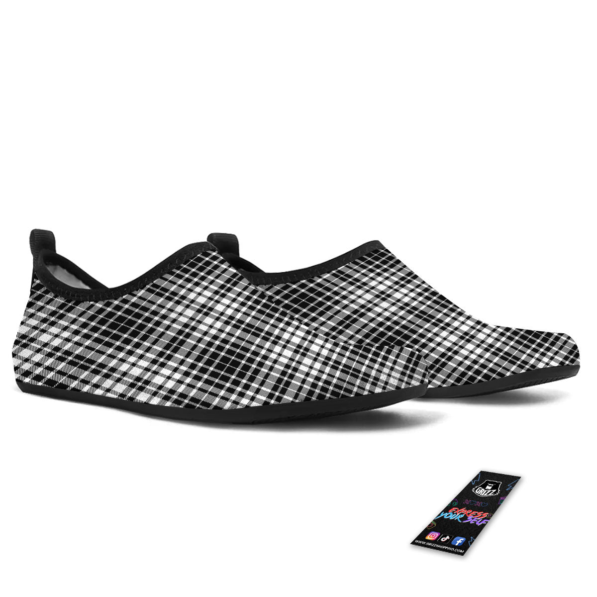 Border Tartan White And Black Print Water Shoes-grizzshop