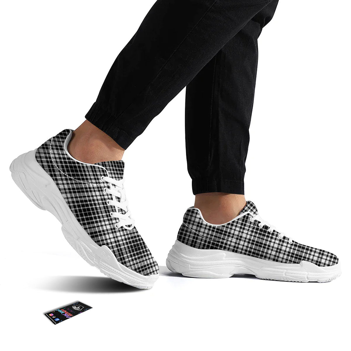 Border Tartan White And Black Print White Chunky Shoes-grizzshop