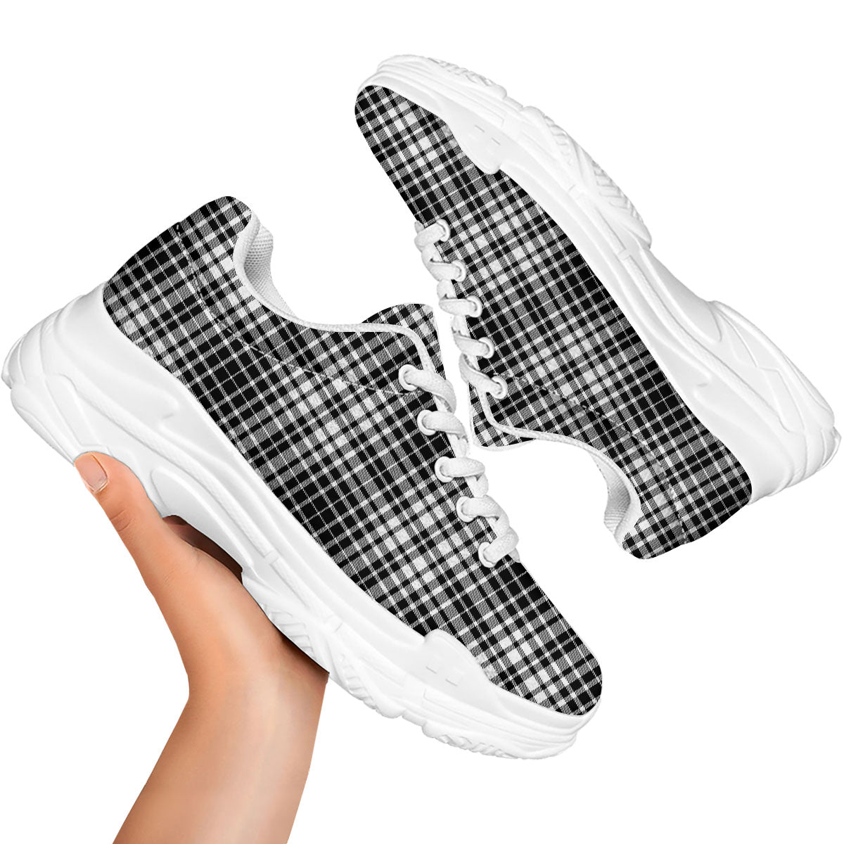 Border Tartan White And Black Print White Chunky Shoes-grizzshop