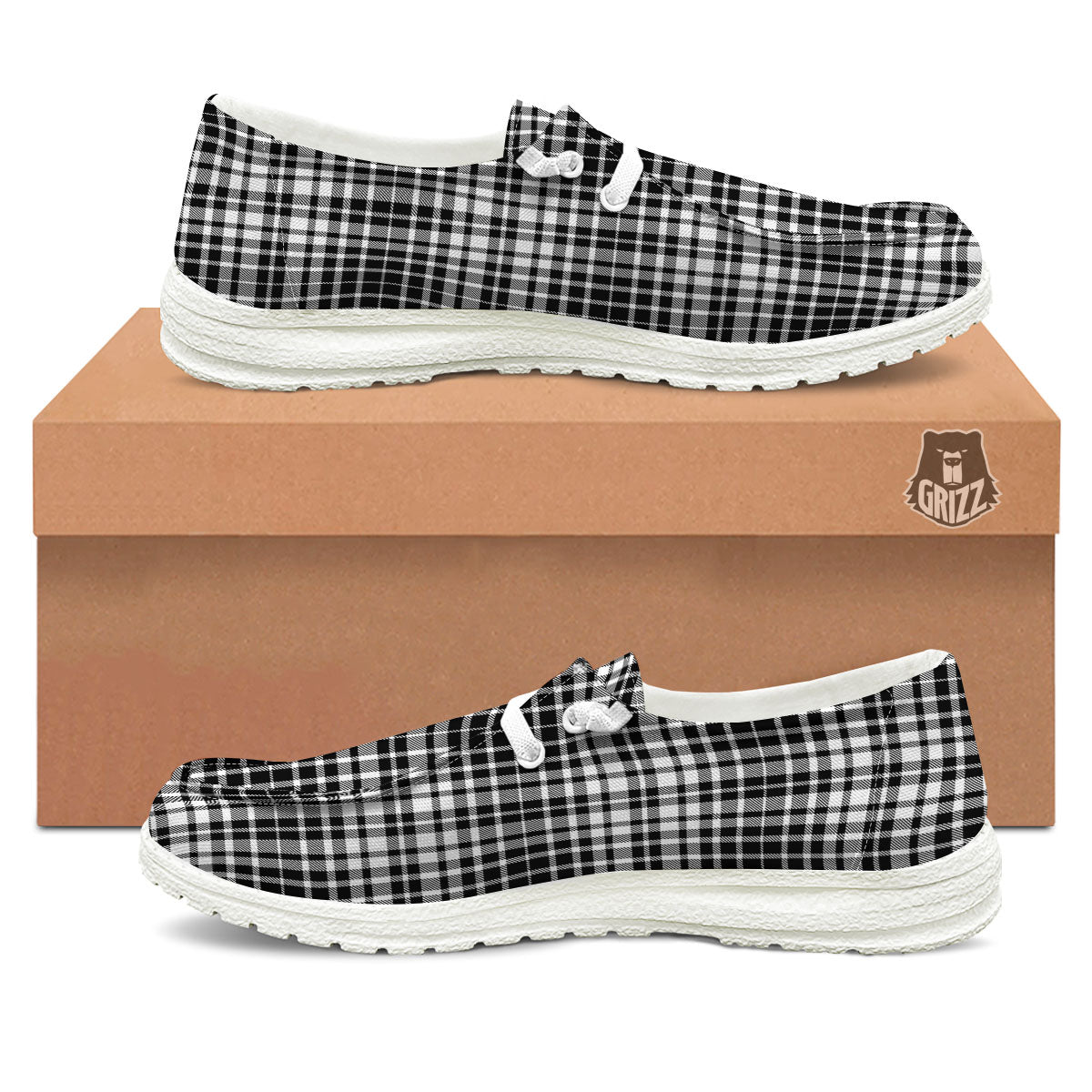 Border Tartan White And Black Print White Loafers-grizzshop