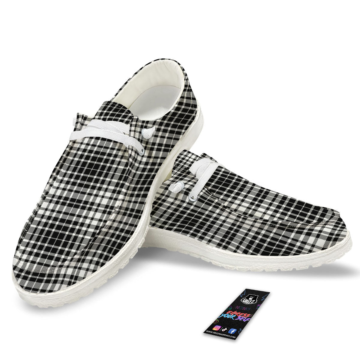 Border Tartan White And Black Print White Loafers-grizzshop