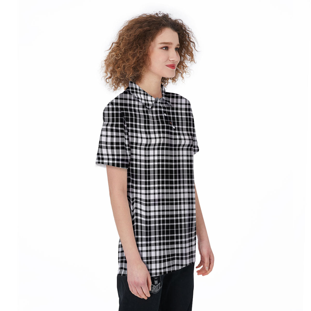 Border Tartan White And Black Print Women's Golf Shirts-grizzshop