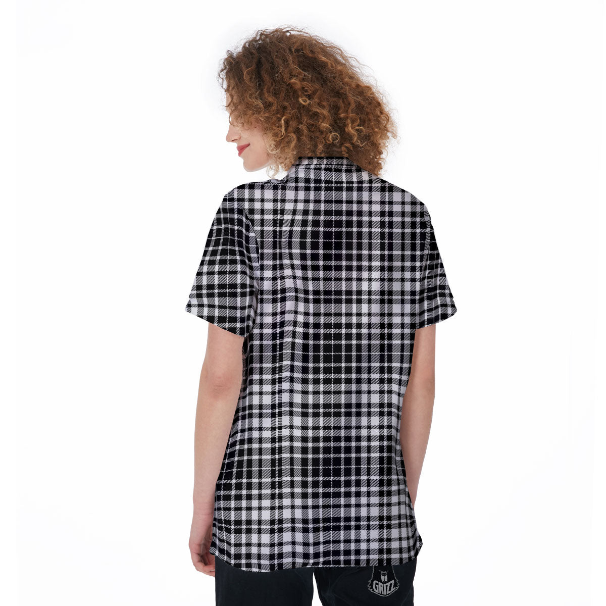 Border Tartan White And Black Print Women's Golf Shirts-grizzshop