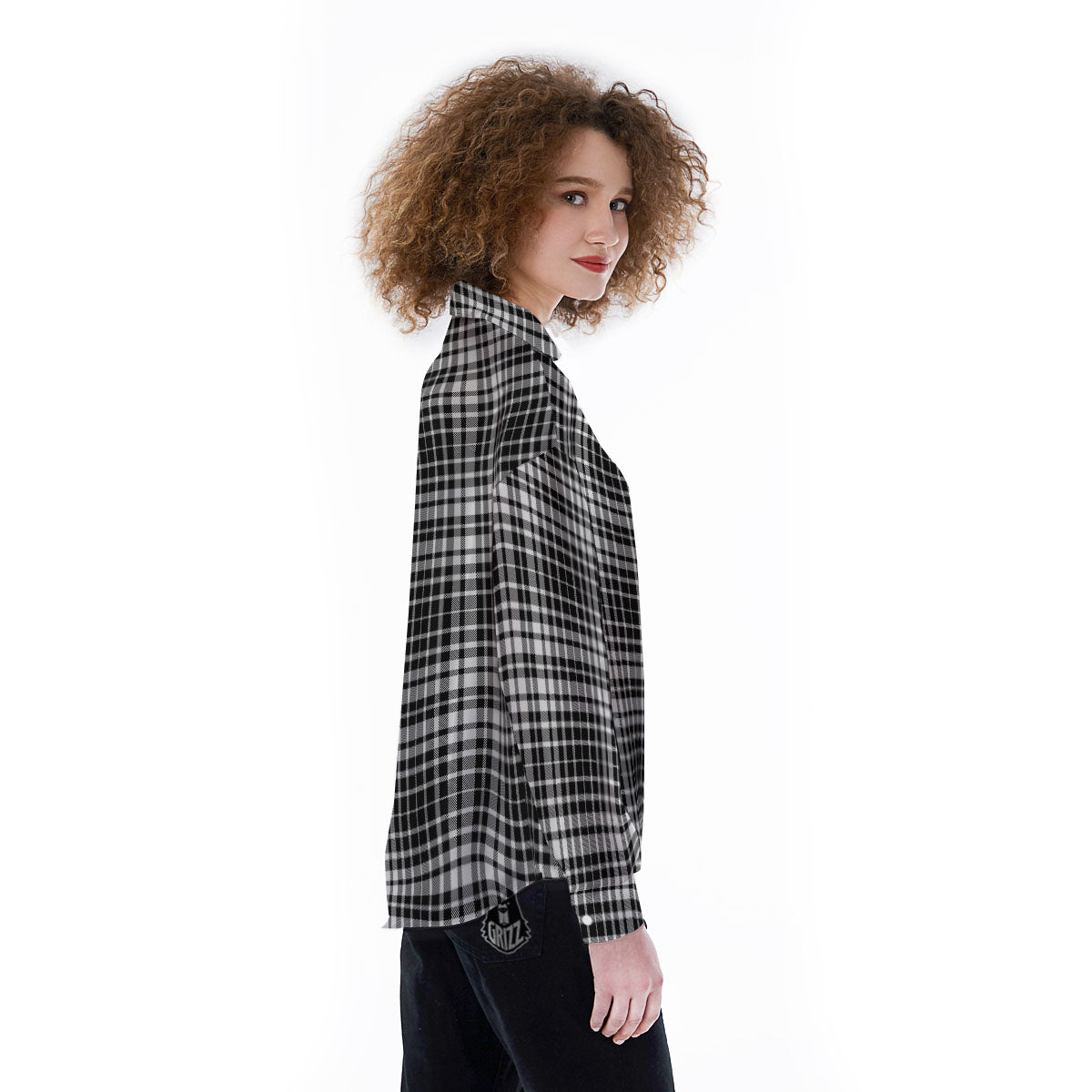 Border Tartan White And Black Print Women's Long Sleeve Shirts-grizzshop