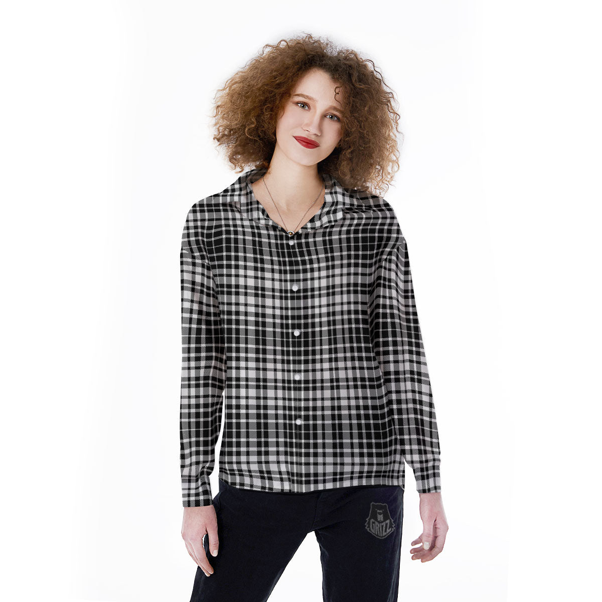 Border Tartan White And Black Print Women's Long Sleeve Shirts-grizzshop