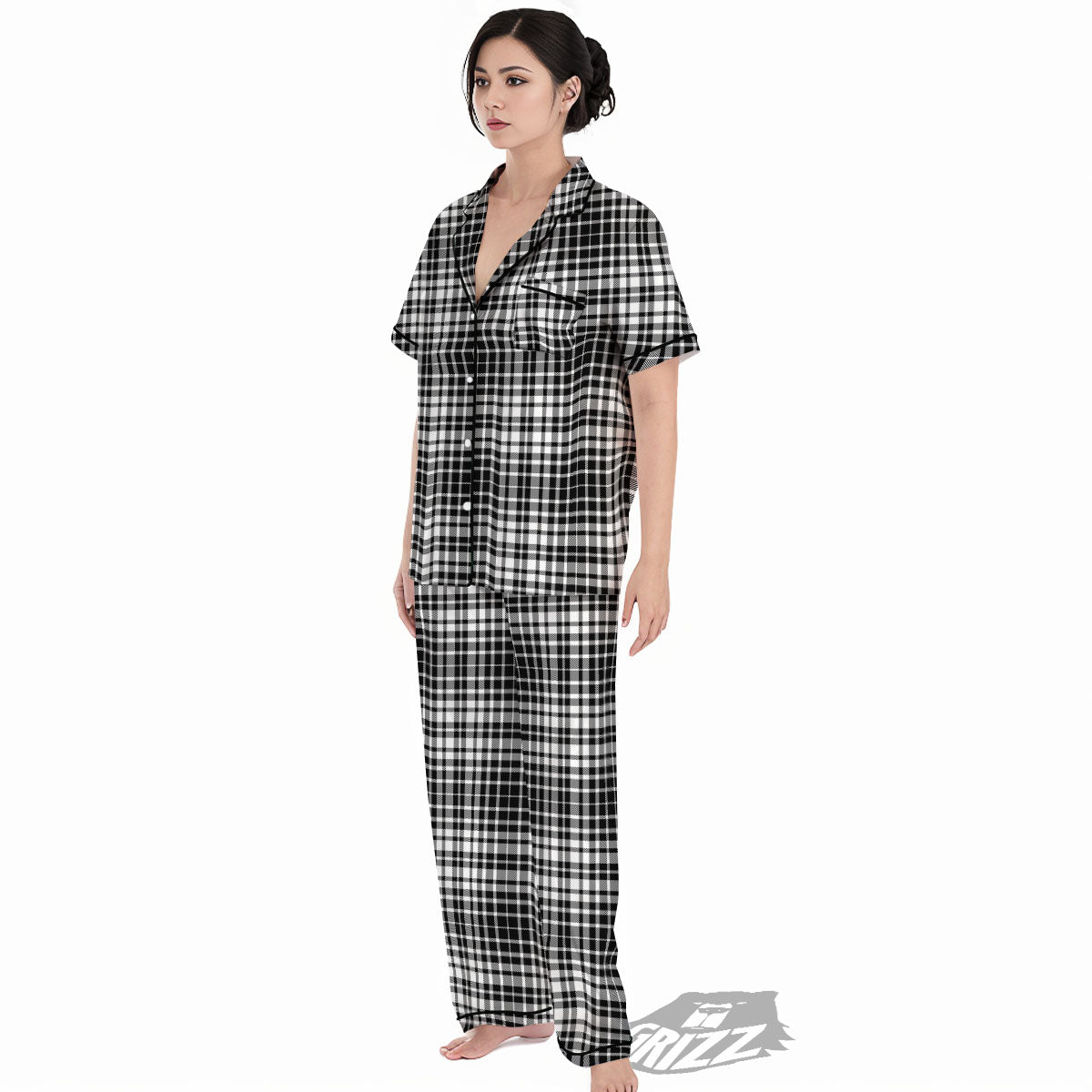 Border Tartan White And Black Print Women's Pajamas Set-grizzshop