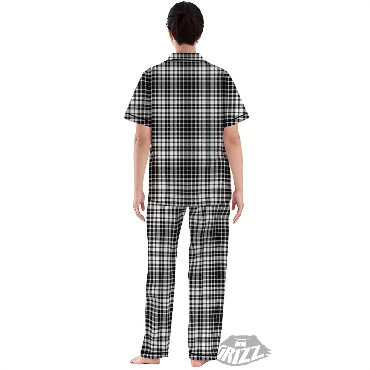 Border Tartan White And Black Print Women's Pajamas Set-grizzshop