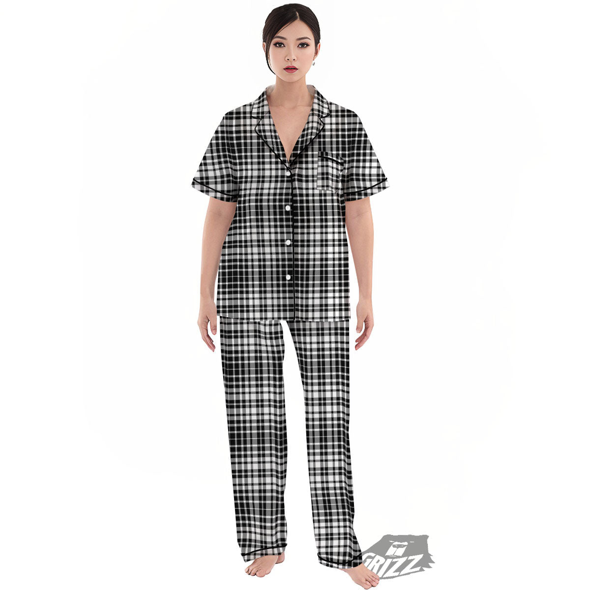 Border Tartan White And Black Print Women's Pajamas Set-grizzshop