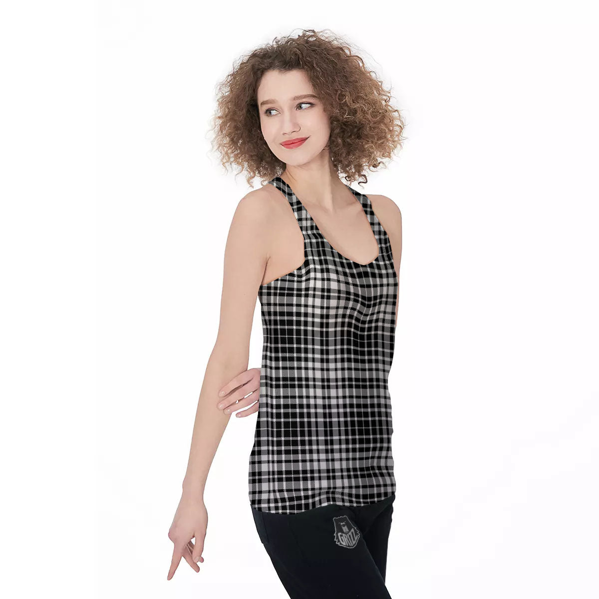 Border Tartan White And Black Print Women's Racerback Tank Top-grizzshop