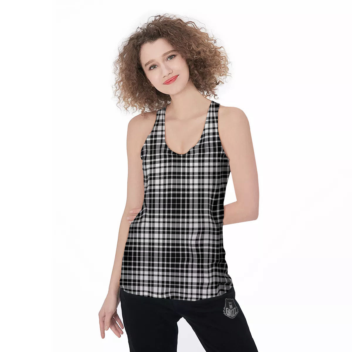 Border Tartan White And Black Print Women's Racerback Tank Top-grizzshop