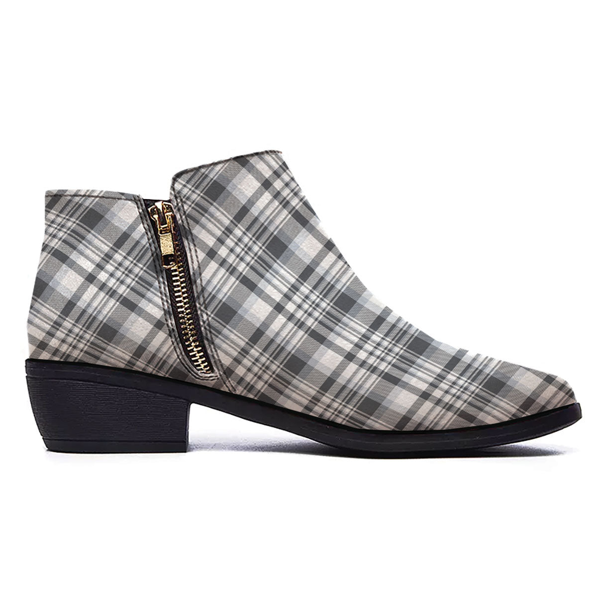 Border Tartan White And Grey Print Ankle Boots-grizzshop