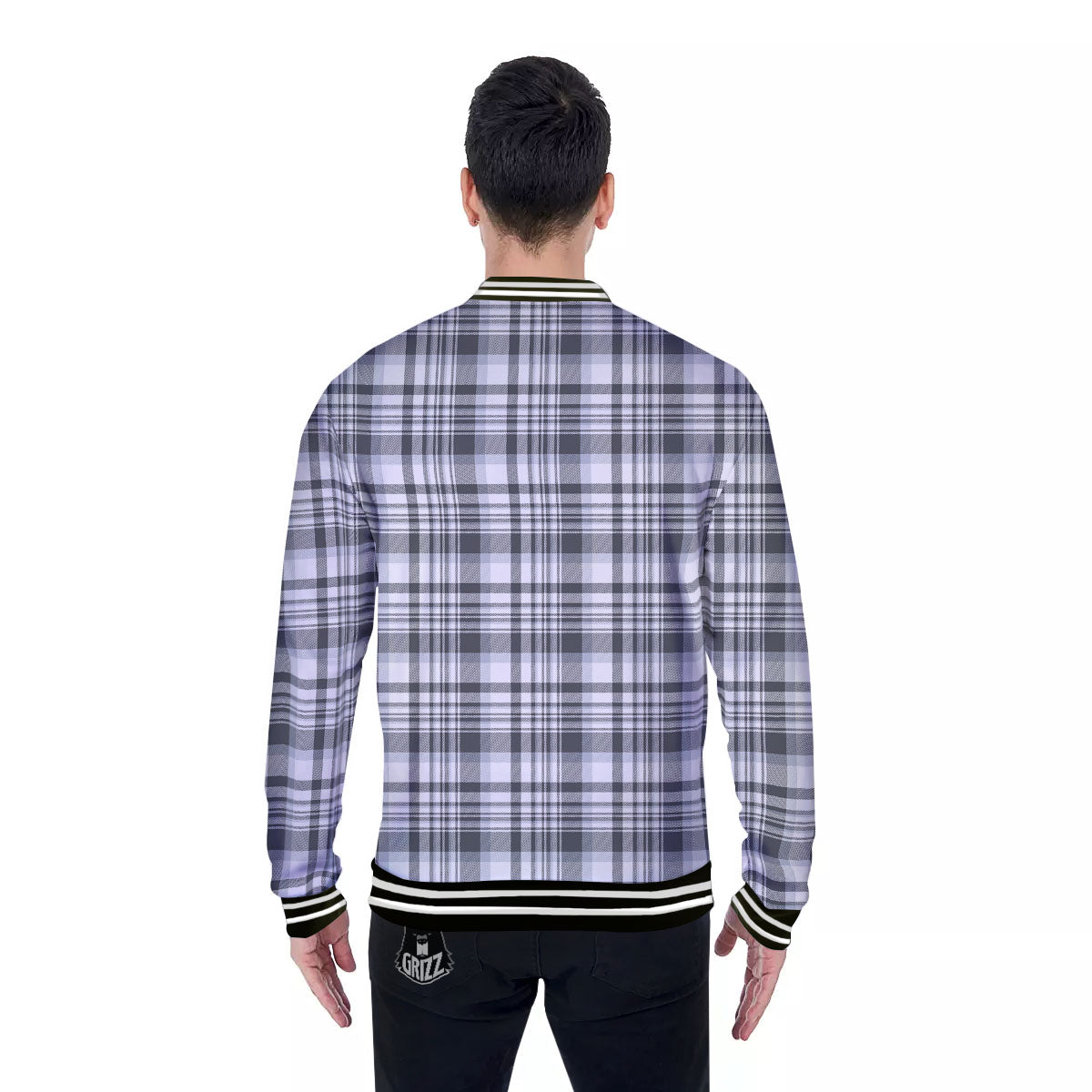 Border Tartan White And Grey Print Baseball Jacket-grizzshop