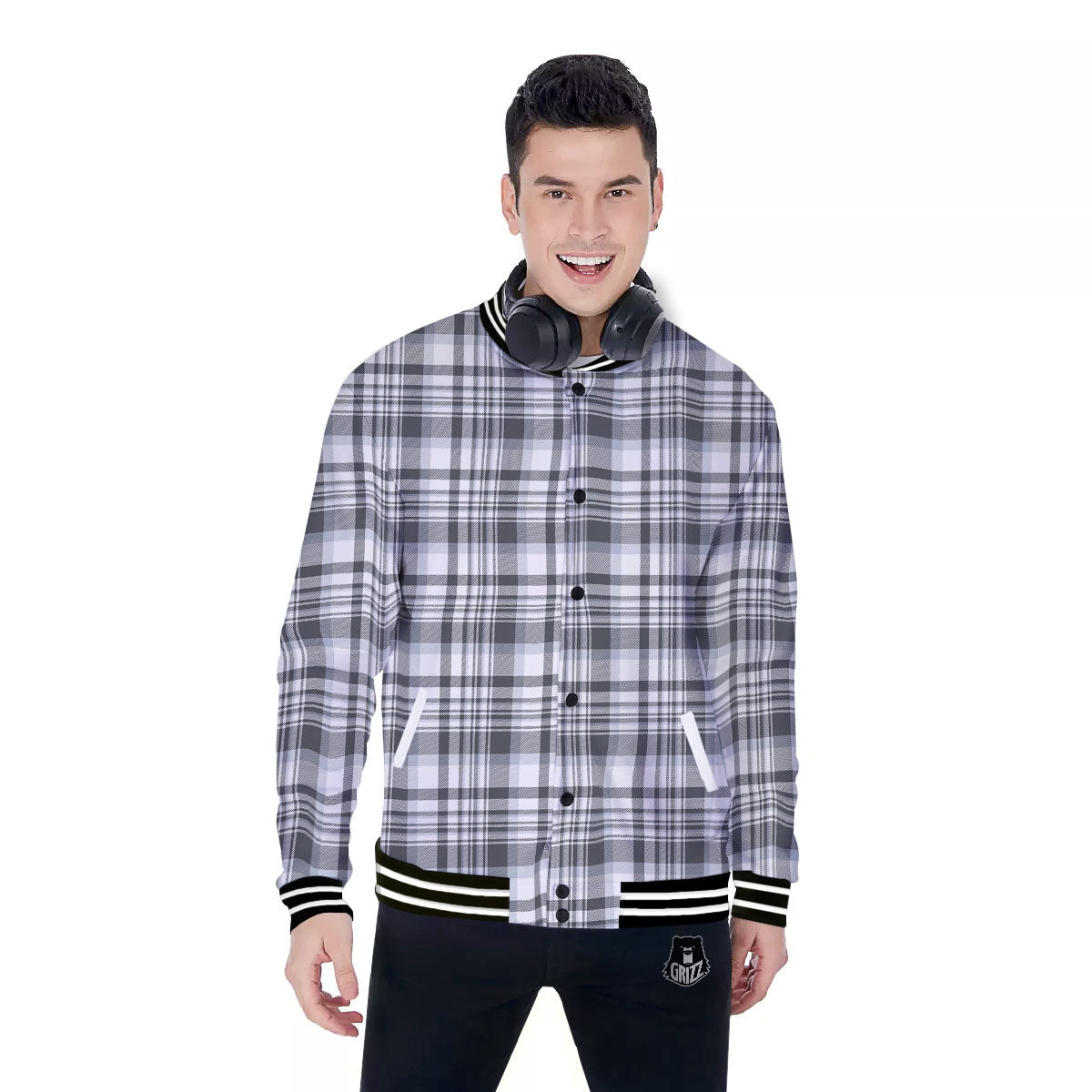 Border Tartan White And Grey Print Baseball Jacket-grizzshop