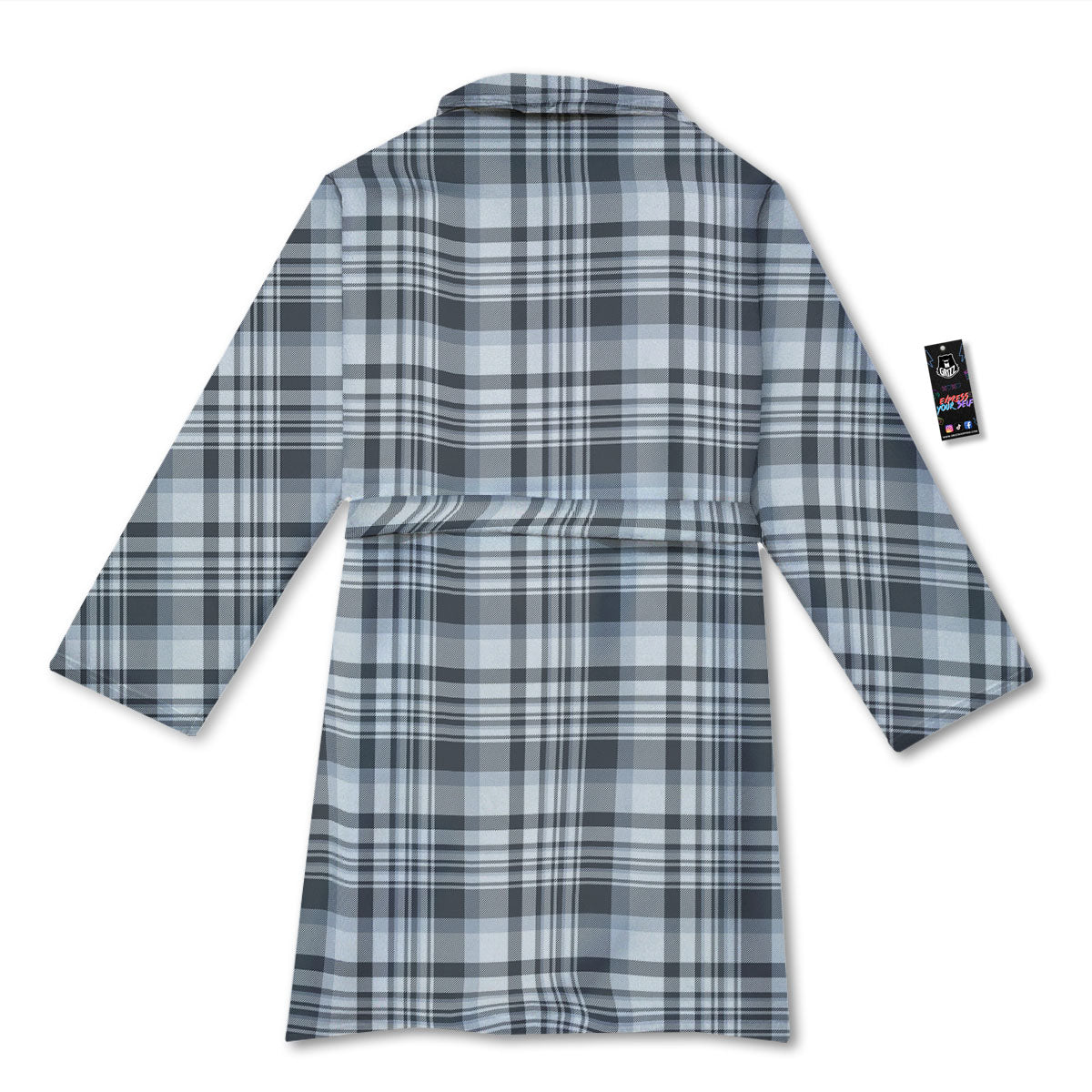 Border Tartan White And Grey Print Bathrobe-grizzshop