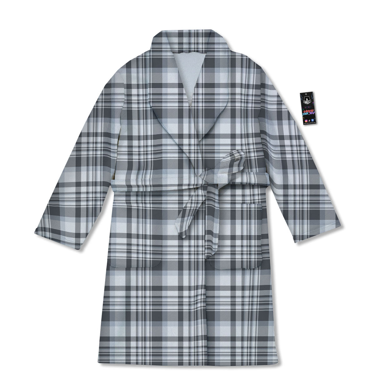 Border Tartan White And Grey Print Bathrobe-grizzshop