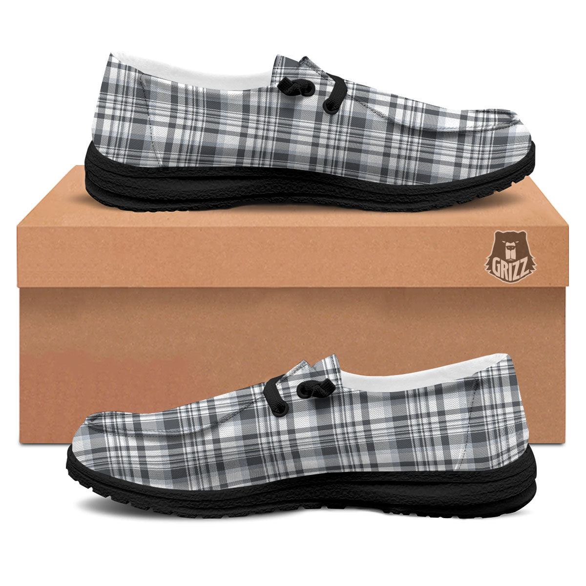 Border Tartan White And Grey Print Black Loafers-grizzshop