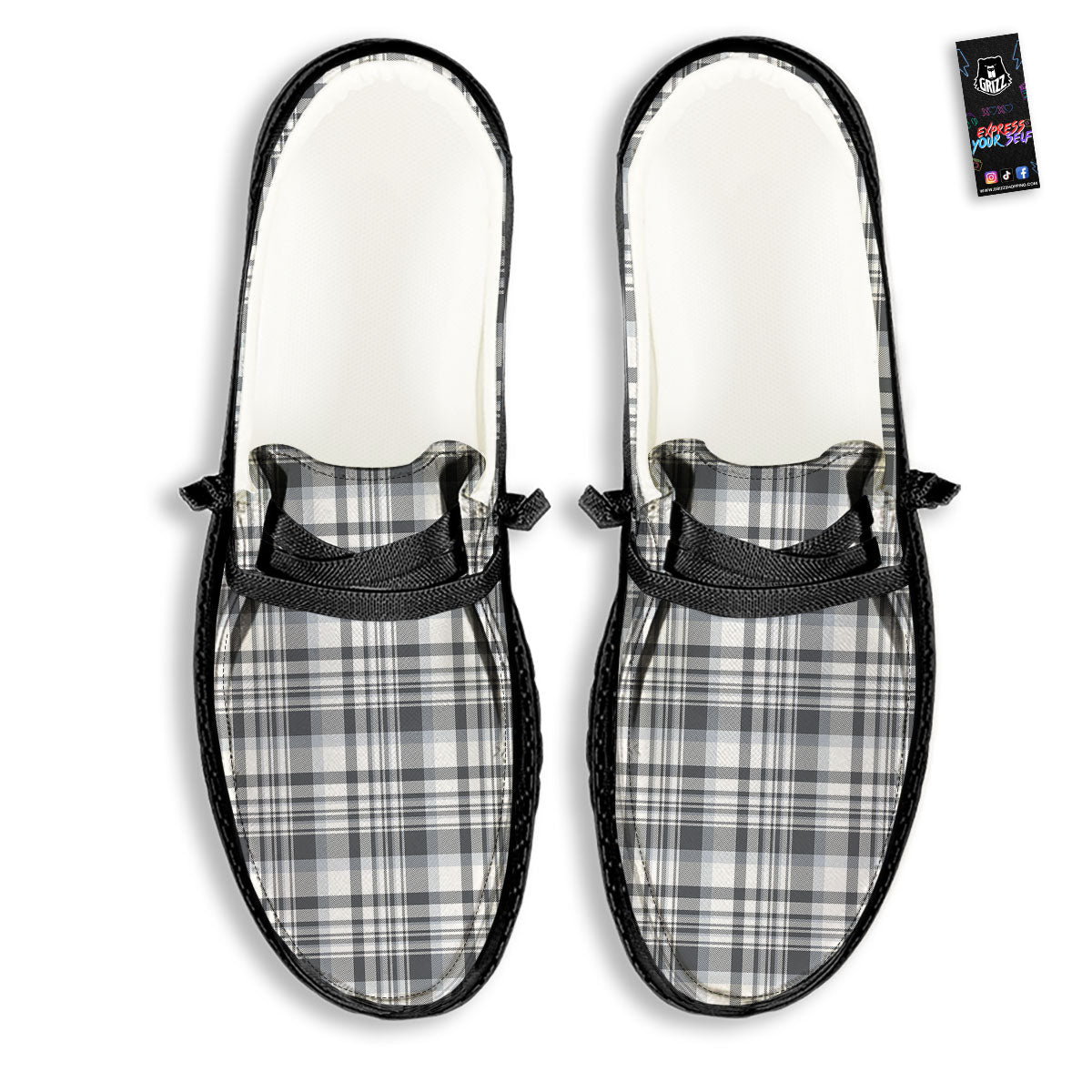 Border Tartan White And Grey Print Black Loafers-grizzshop