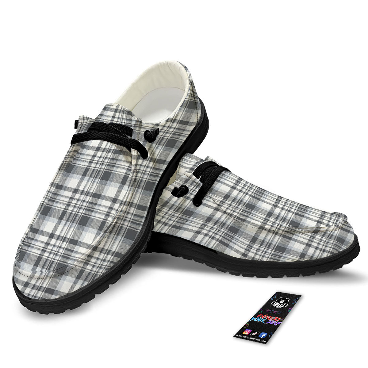 Border Tartan White And Grey Print Black Loafers-grizzshop