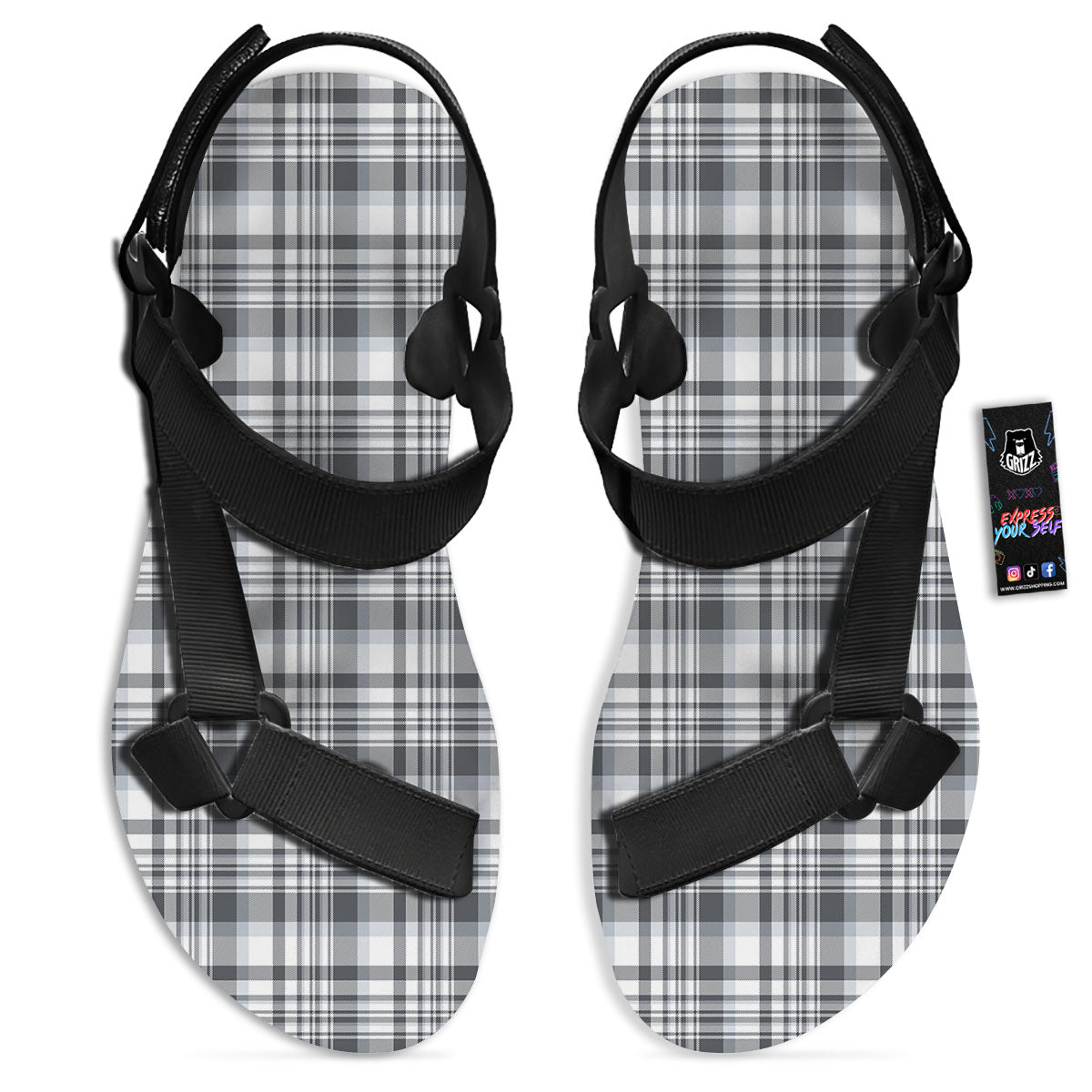 Border Tartan White And Grey Print Black Open Toe Sandals-grizzshop