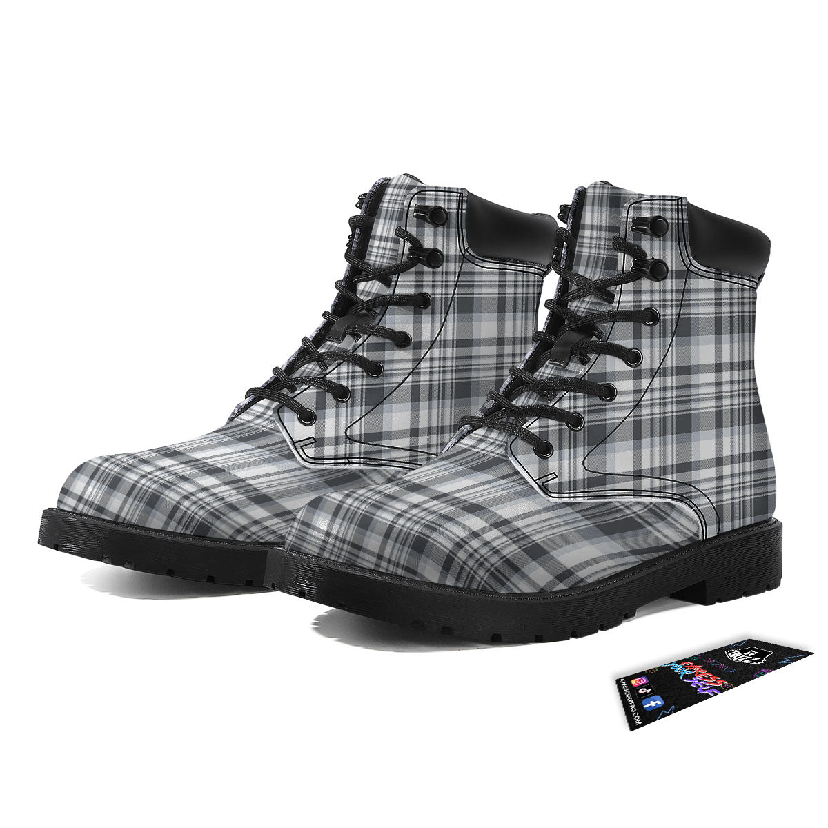 Border Tartan White And Grey Print Boots-grizzshop