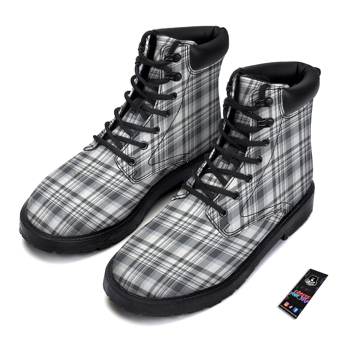 Border Tartan White And Grey Print Boots-grizzshop