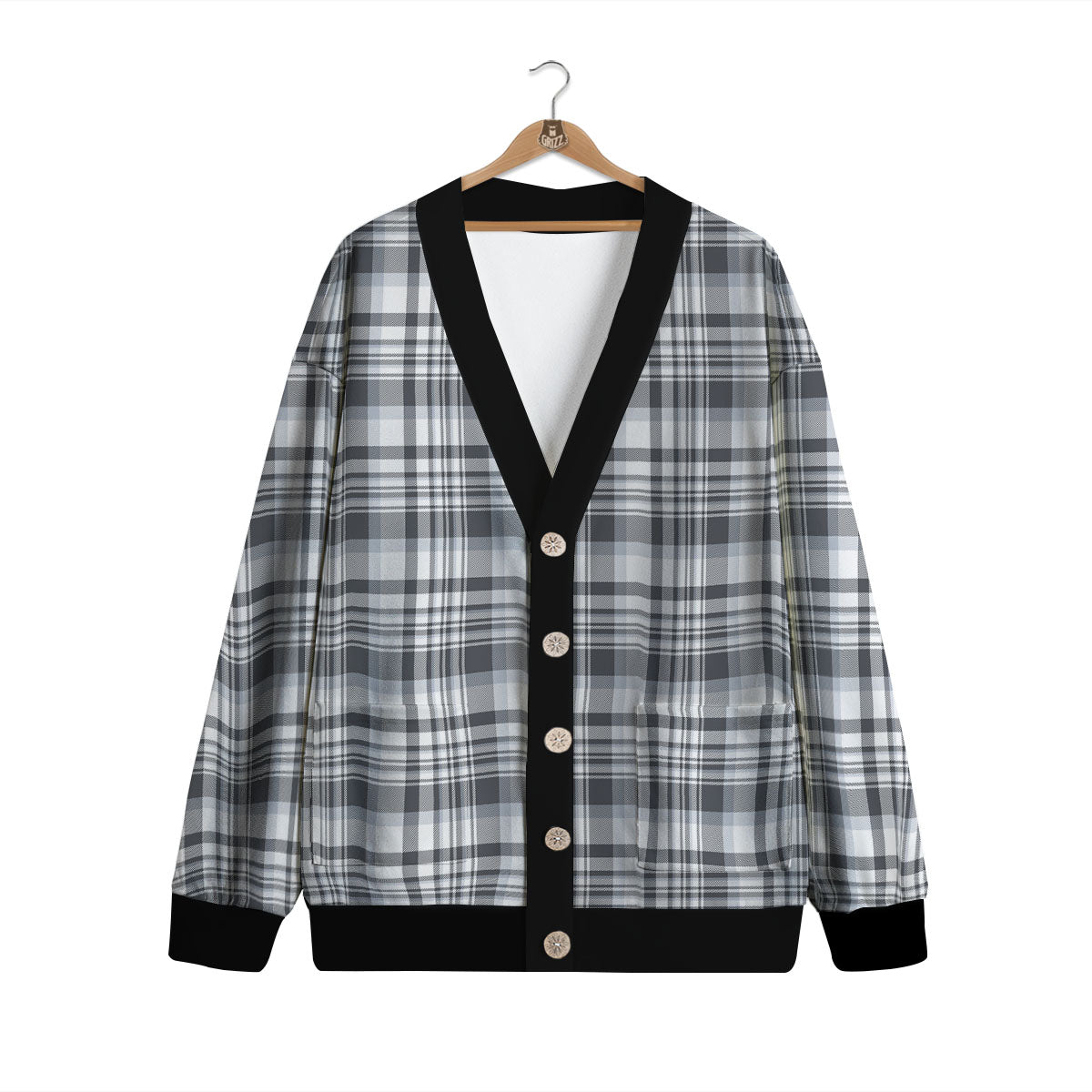 Border Tartan White And Grey Print Cardigan-grizzshop