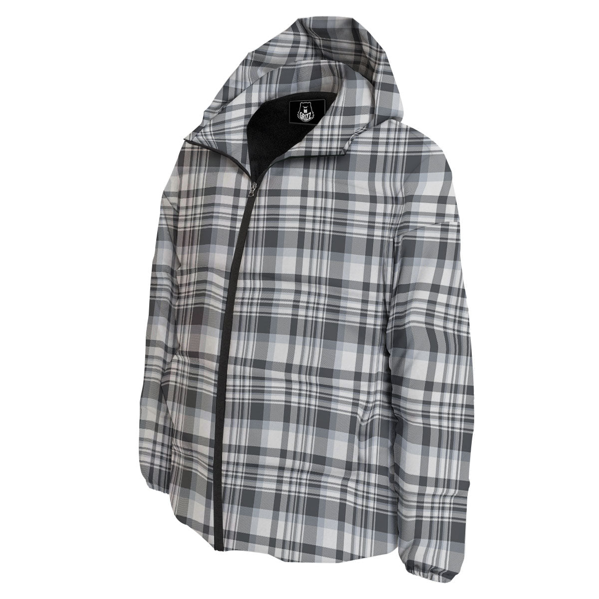 Border Tartan White And Grey Print Down Jacket-grizzshop