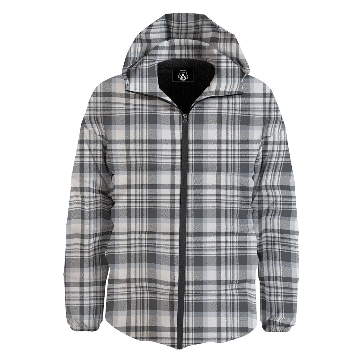 Border Tartan White And Grey Print Down Jacket-grizzshop