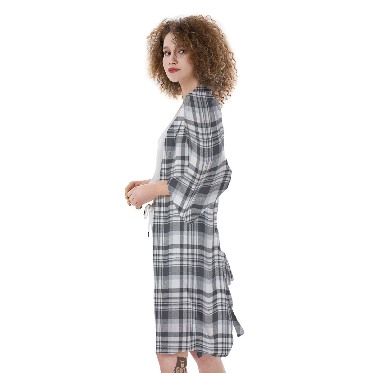 Border Tartan White And Grey Print Kimono-grizzshop