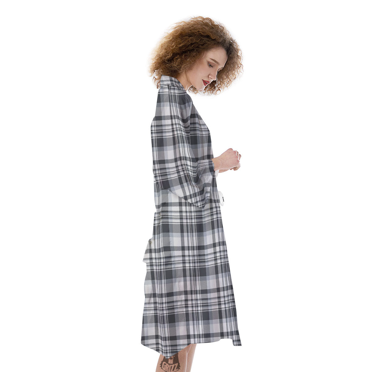 Border Tartan White And Grey Print Kimono-grizzshop