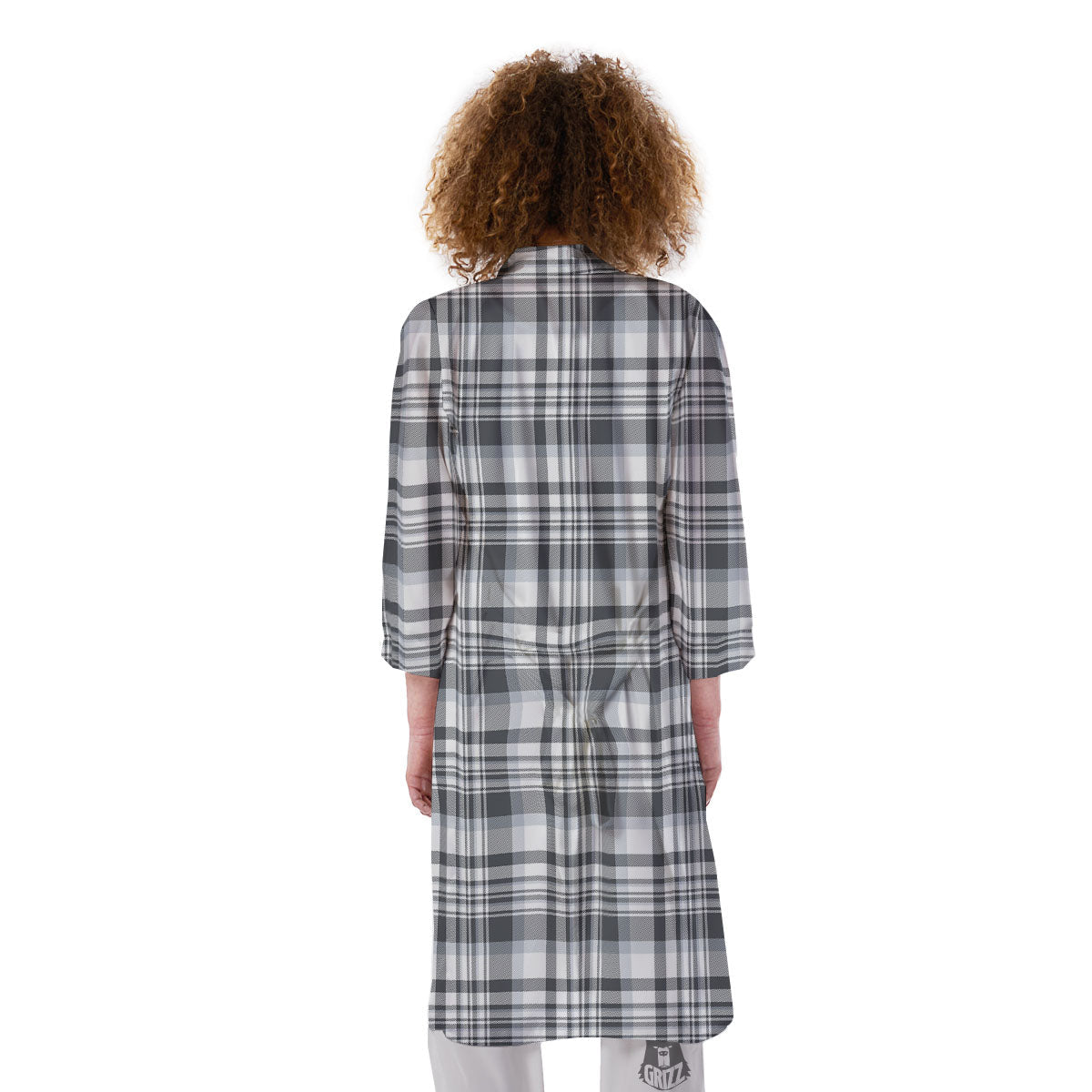 Border Tartan White And Grey Print Kimono-grizzshop