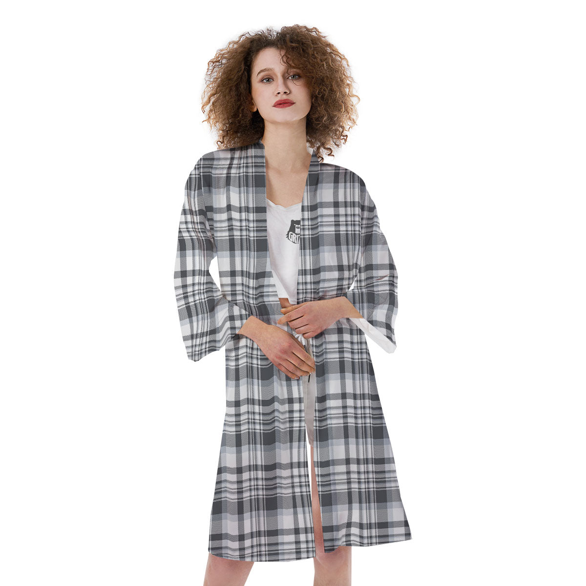 Border Tartan White And Grey Print Kimono-grizzshop
