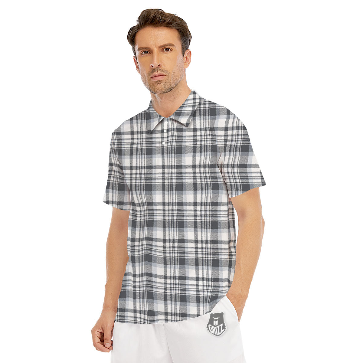 Border Tartan White And Grey Print Men's Golf Shirts-grizzshop