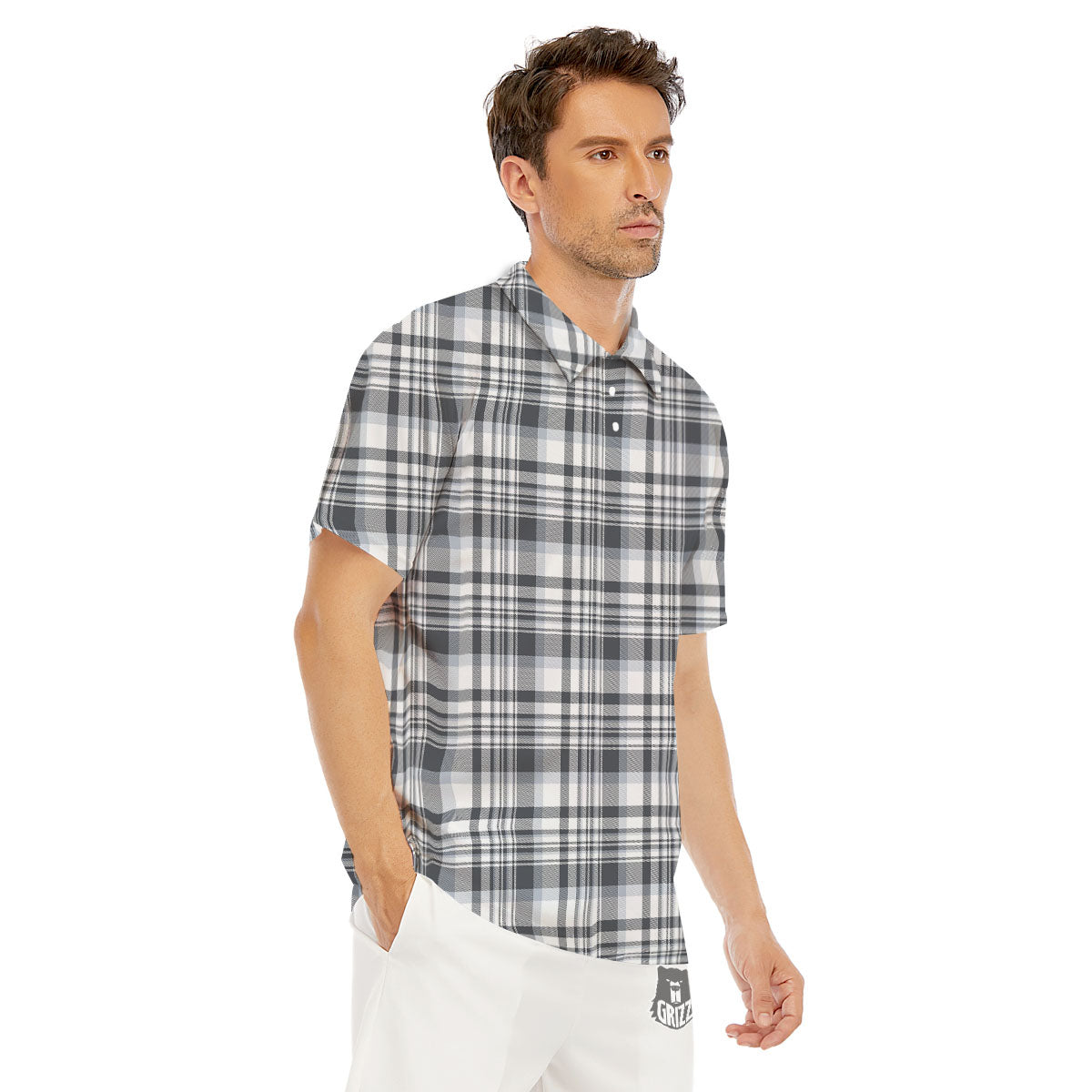 Border Tartan White And Grey Print Men's Golf Shirts-grizzshop