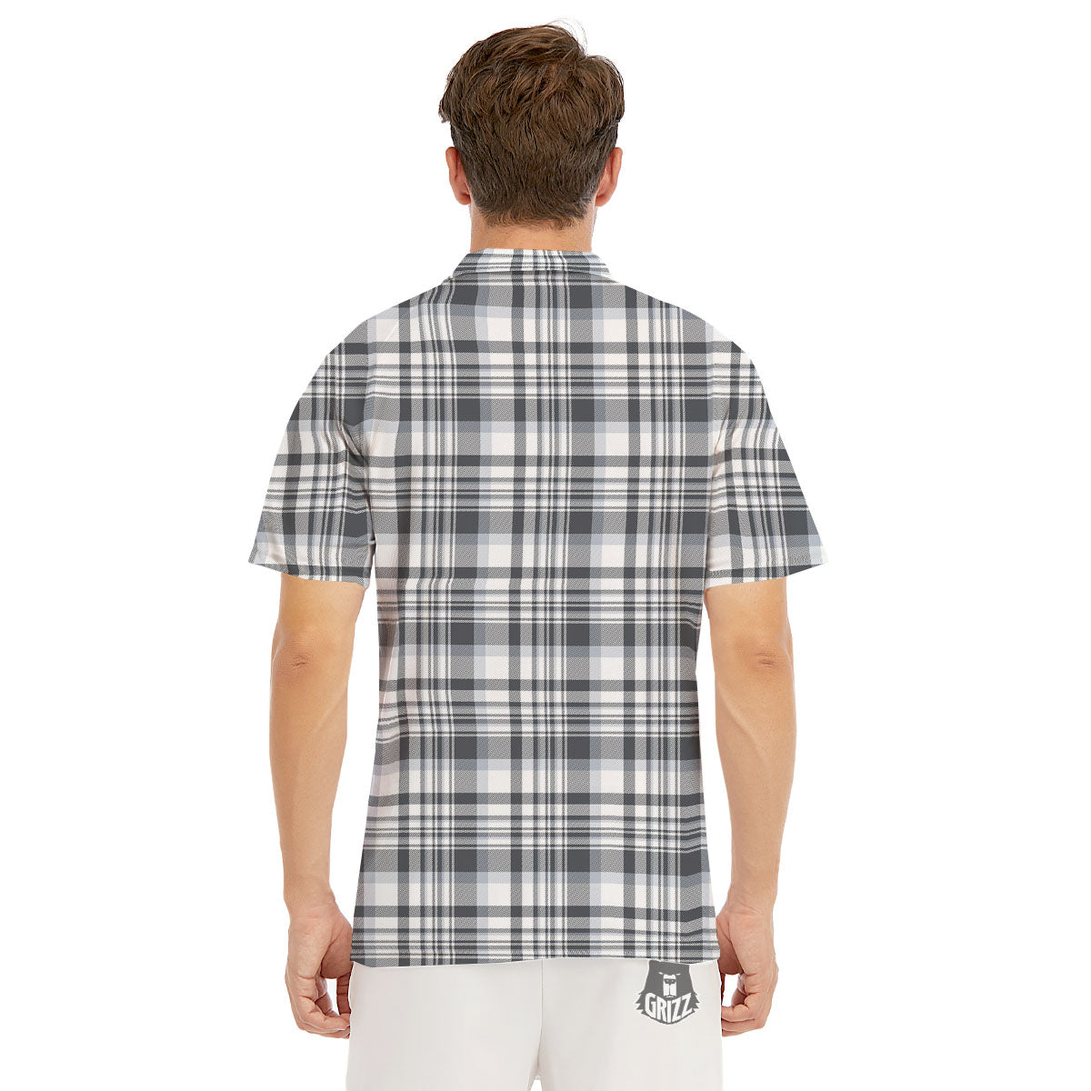 Border Tartan White And Grey Print Men's Golf Shirts-grizzshop
