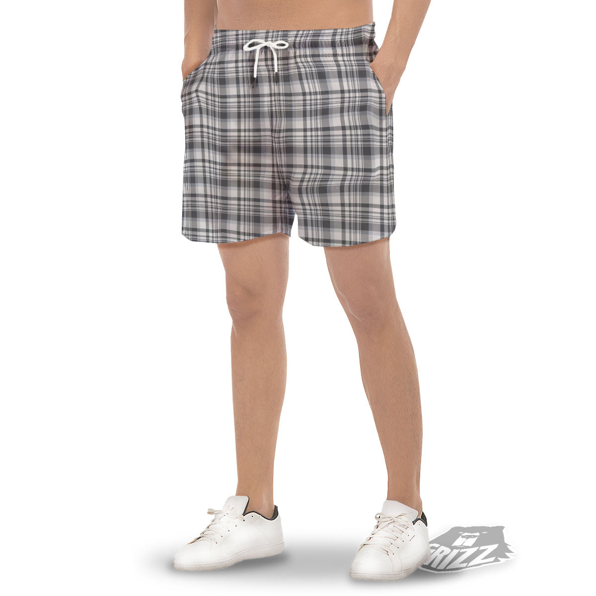 Border Tartan White And Grey Print Men's Gym Shorts-grizzshop