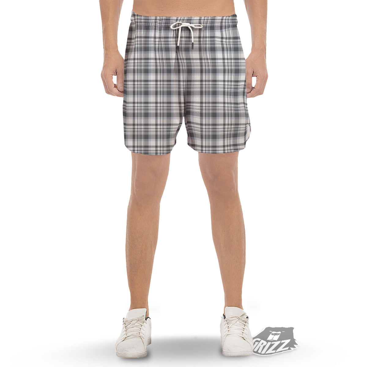 Border Tartan White And Grey Print Men's Gym Shorts-grizzshop