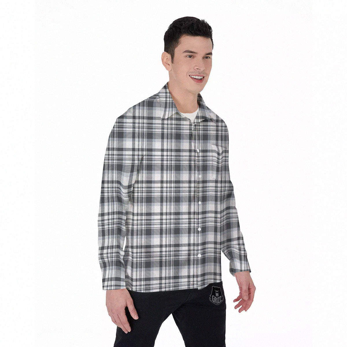 Border Tartan White And Grey Print Men's Long Sleeve Shirts-grizzshop