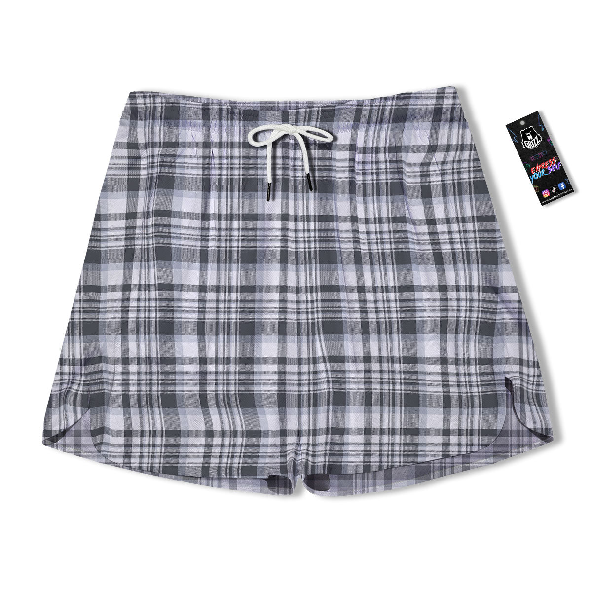 Border Tartan White And Grey Print Men's Running Shorts-grizzshop