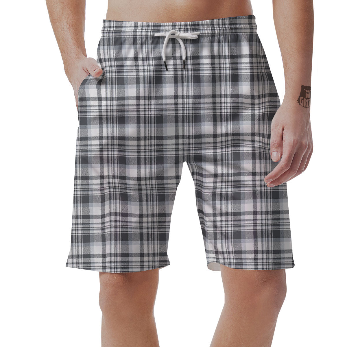 Border Tartan White And Grey Print Men's Shorts-grizzshop